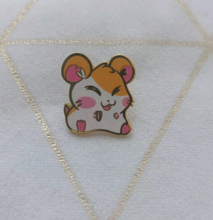 “Hamtaro” (Hamtaro Eats Happy) Enamel Metal Pin Hamster Cute Kawaii “Brand New”.