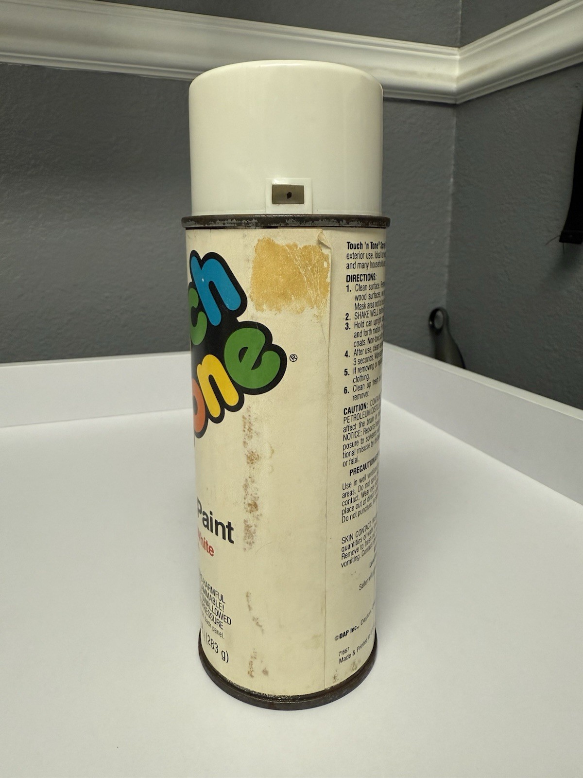 Vintage Touch’nTone Paper Label Spray Paint Can Gloss White Full CMC Grade 2+