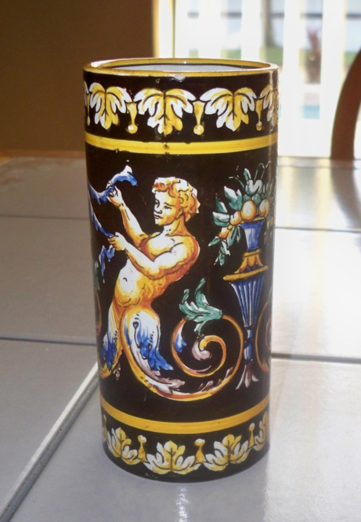 Antique Gien France Renaissance Fond Blue Bleu Cylinder Posey Faience Bud Vase