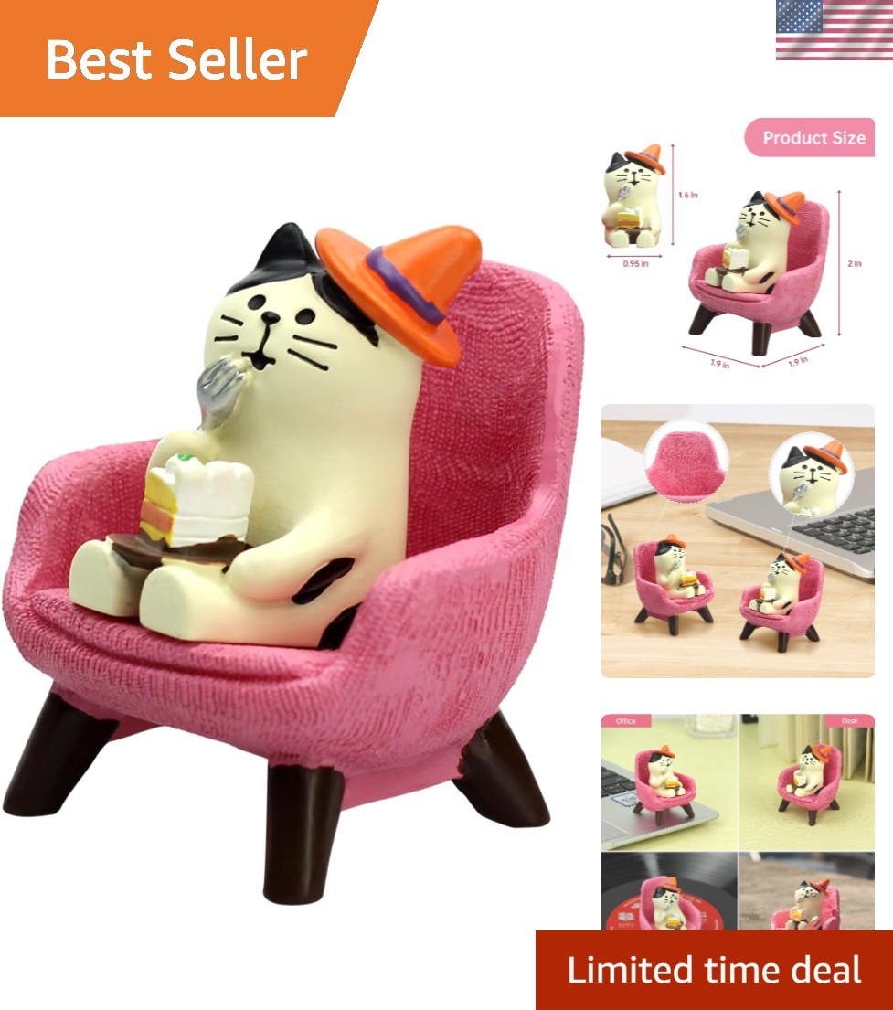 Adorable Kitten Figurine Eating Cake on Pink Sofa – Perfect Gift for Cat Lovers