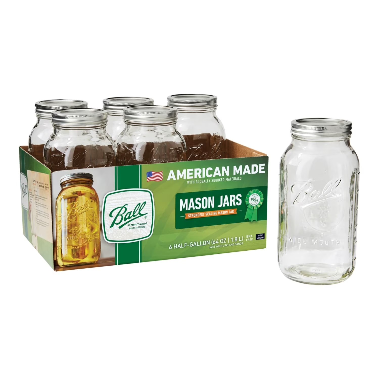 Ball Glass Mason Jar W/Lid,Band,Wide Mouth,64 Ounces, 6 Count.