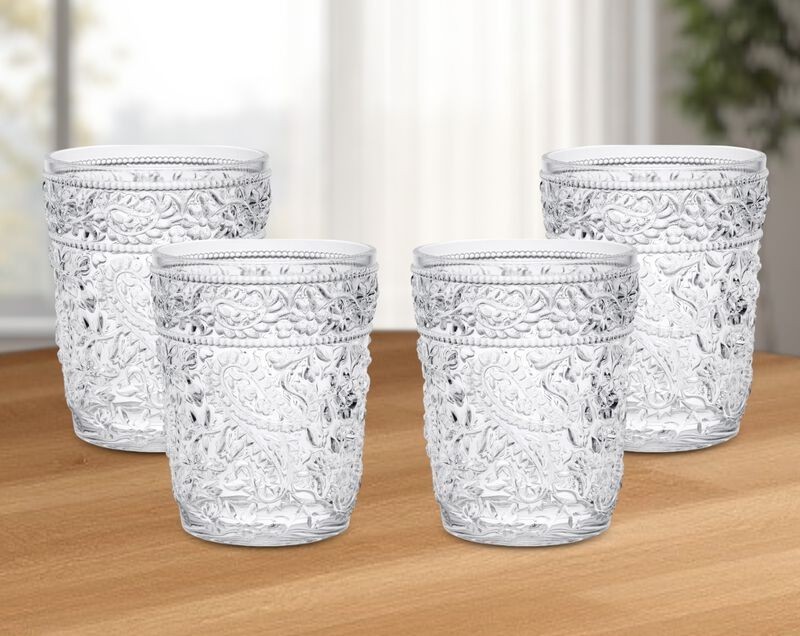 Acrylic Clear Paisley Stemless Durable Drinkware Beverage Glasses 4-Piece Lot