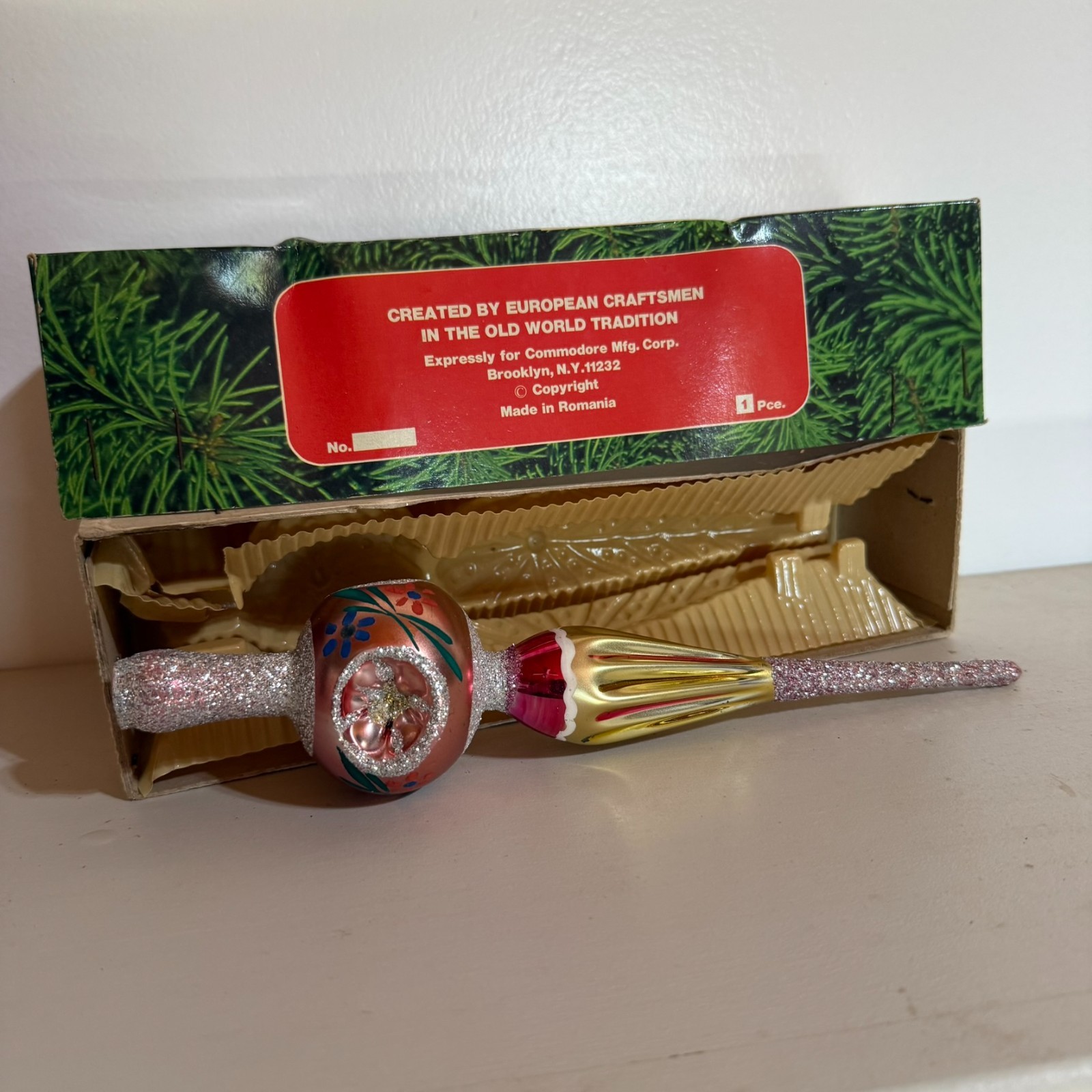 Vintage Mercury Glass Finial Tree Topper Romania Commodore Double Indent NOS Box