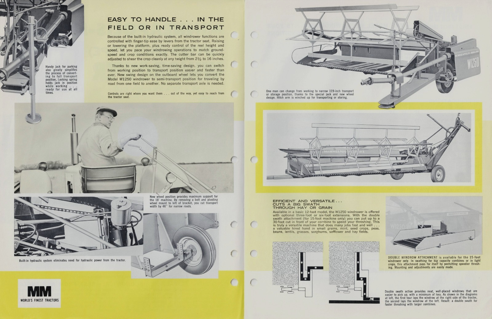 MINNEAPOLIS-MOLINE W1250 [PULL-TYPE] WINDROWER 4 PAGE BROCHURE A-74 [3-65]