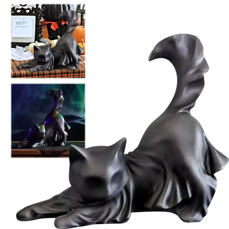 Cracker Barrel HALLOWEEN Black Cat Ghost Statue Stretching Figurine 7in/18cm