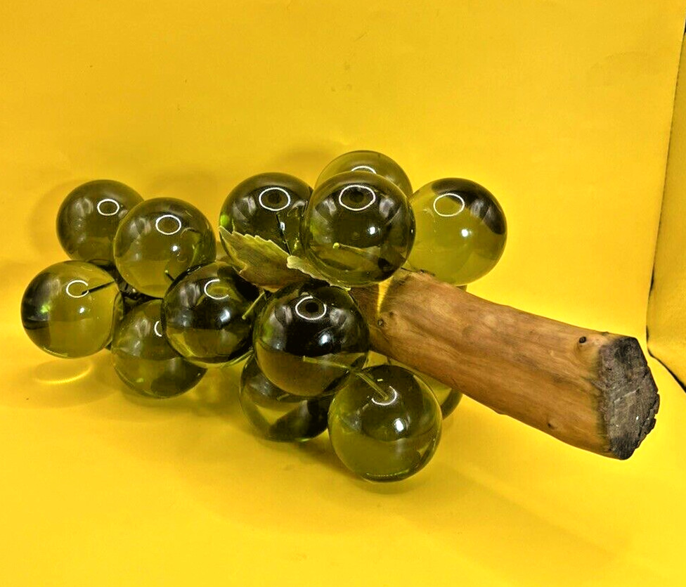 Lucite Acrylic Grapes Cluster Olive Green Driftwood Stem 11.75″ VTG MCM Decor