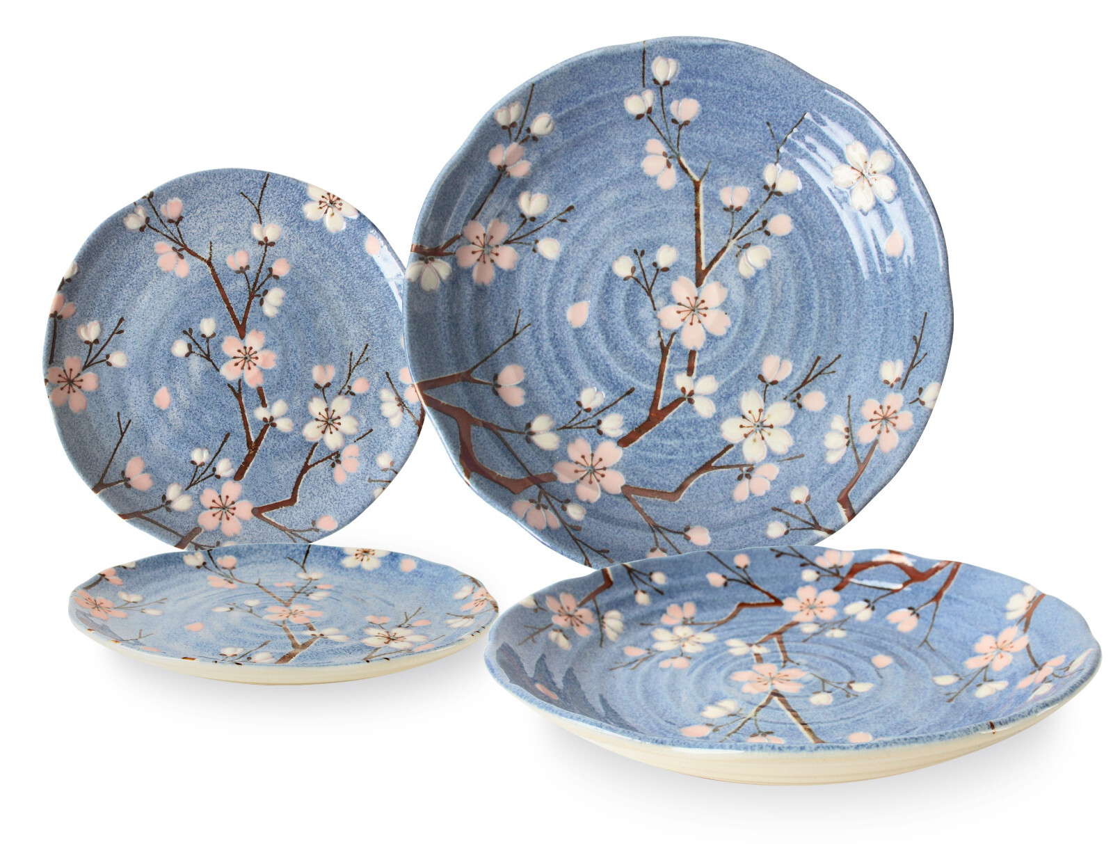 Mino ware Japanese Ceramics 2 Pasta Plate & 2 Salad Plate set Sakura Blue