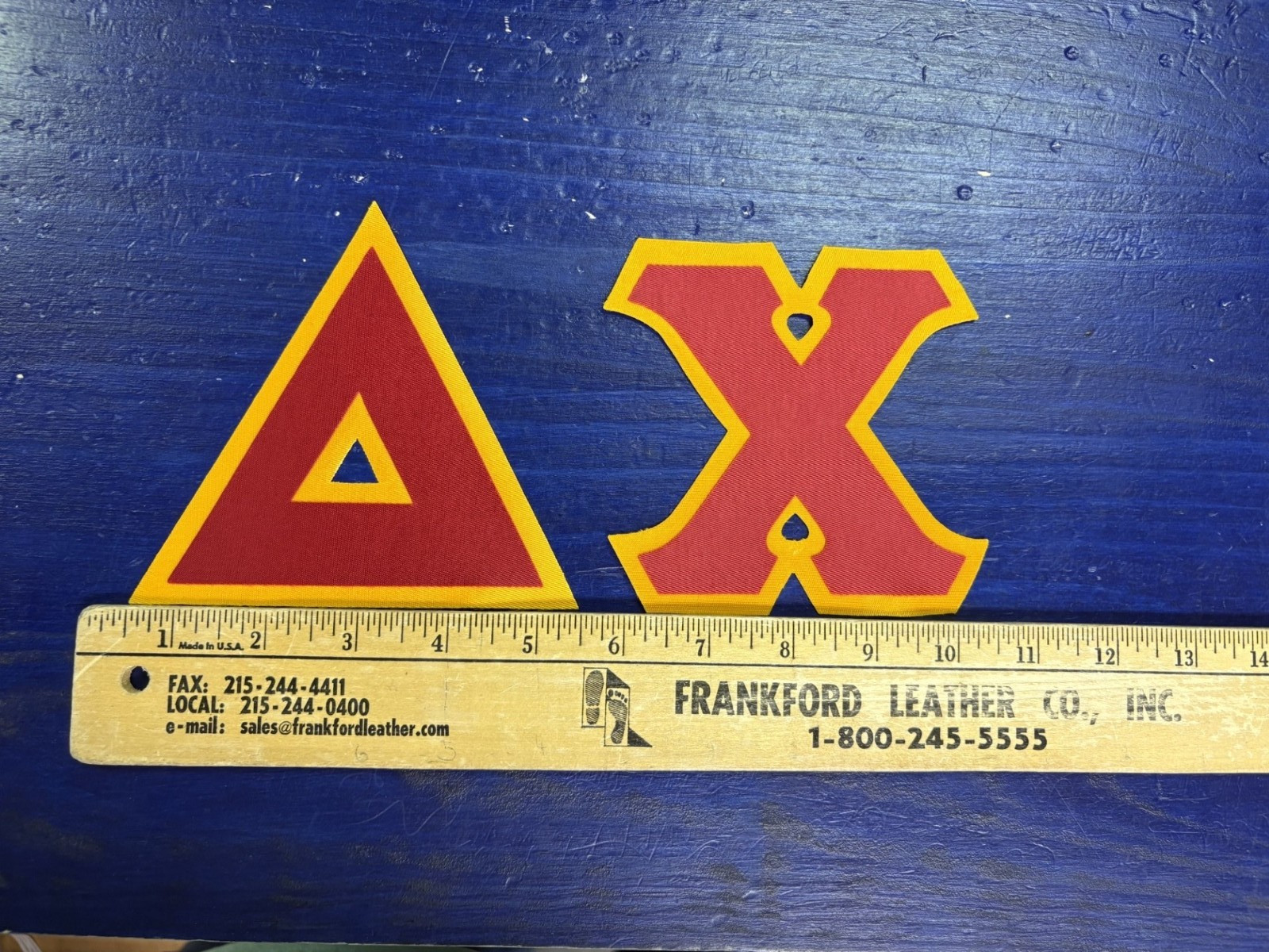 Delta Chi 4″ Greek Twill Sew On Letters Red/Gold Adhesive Backing