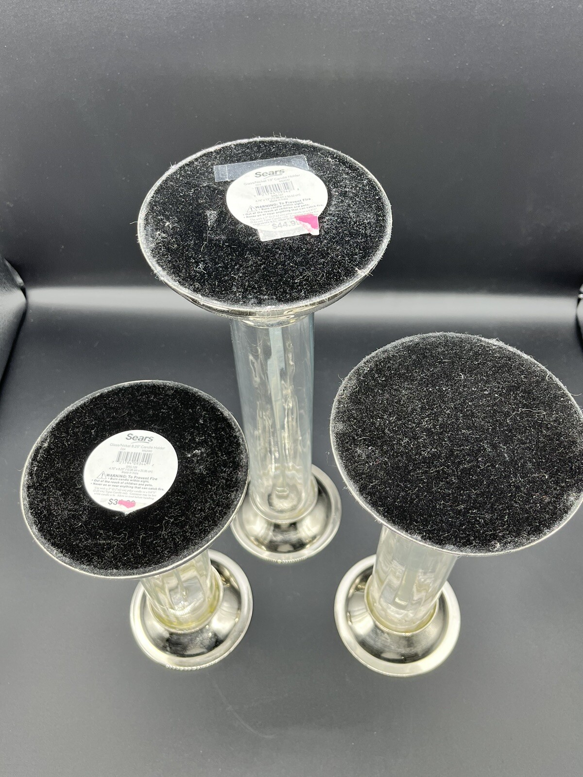 SEARS Candle Holders Graduated Sizes Glass & Nickel India Set of 3 Vintage