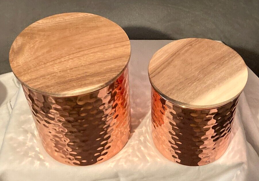 Uncommon James Hammered Copper Canisters-Two Piece Storage w/Wood Lids-N w/o Box
