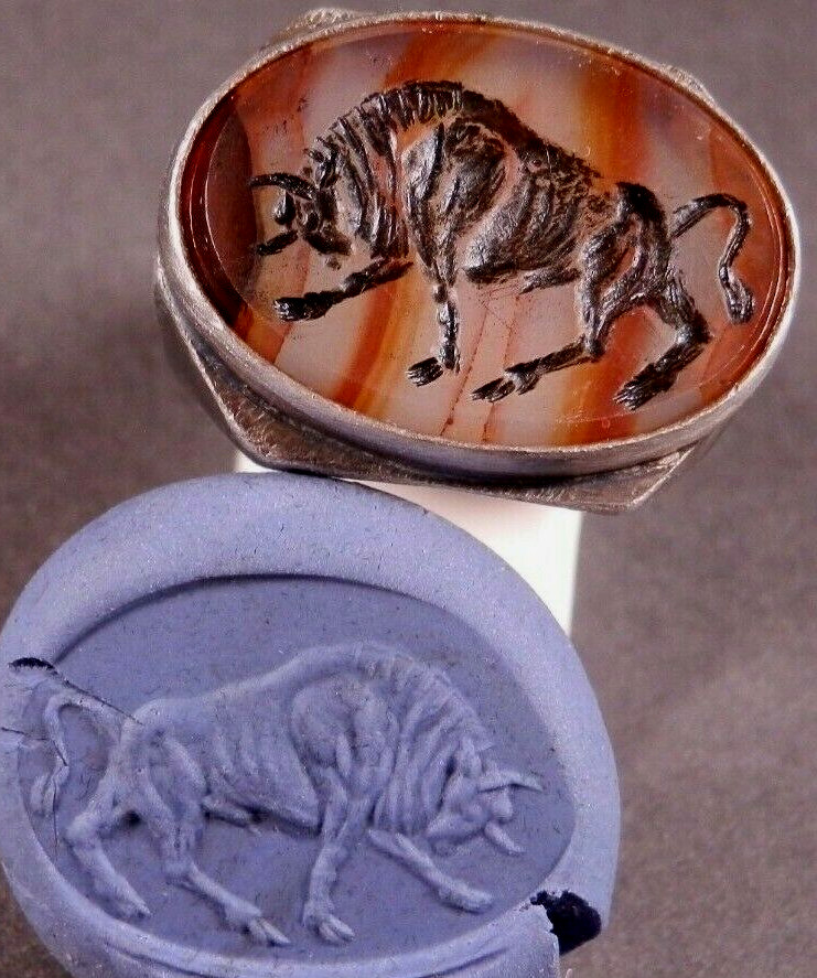 Ancient Roman Legionary Silver Ring Natural Gemstone intaglio Seal Bull Wearable