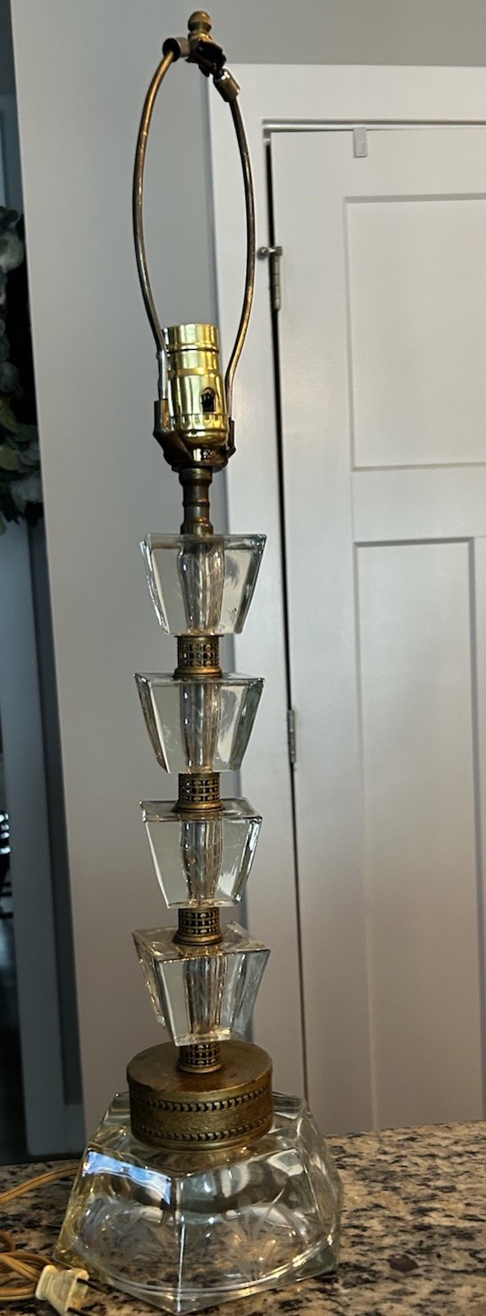 Vintage 24″ Tall Etch Stacked Lucite and Brass Table Lamp Works!