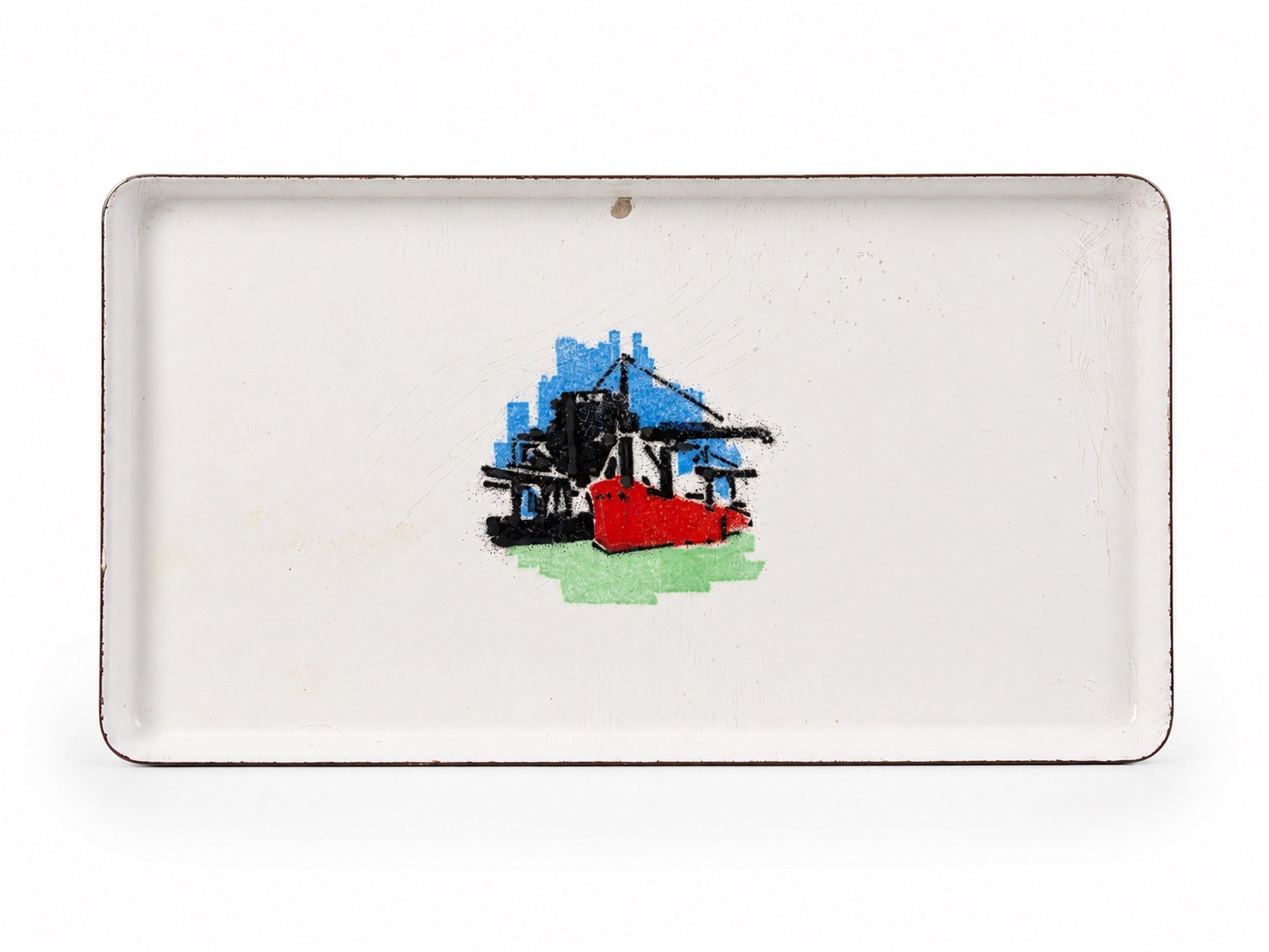 Vintage 1963 NAUTICAL Painted Colorful Boat harbor Enamelware Tray USA 8”x4”