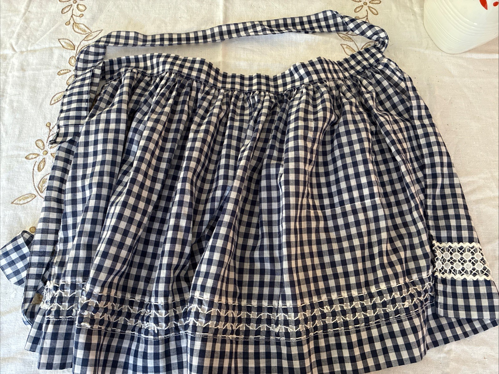 Vintage Navy And White Gingham Checked Embroidery Cross Stitch Apron