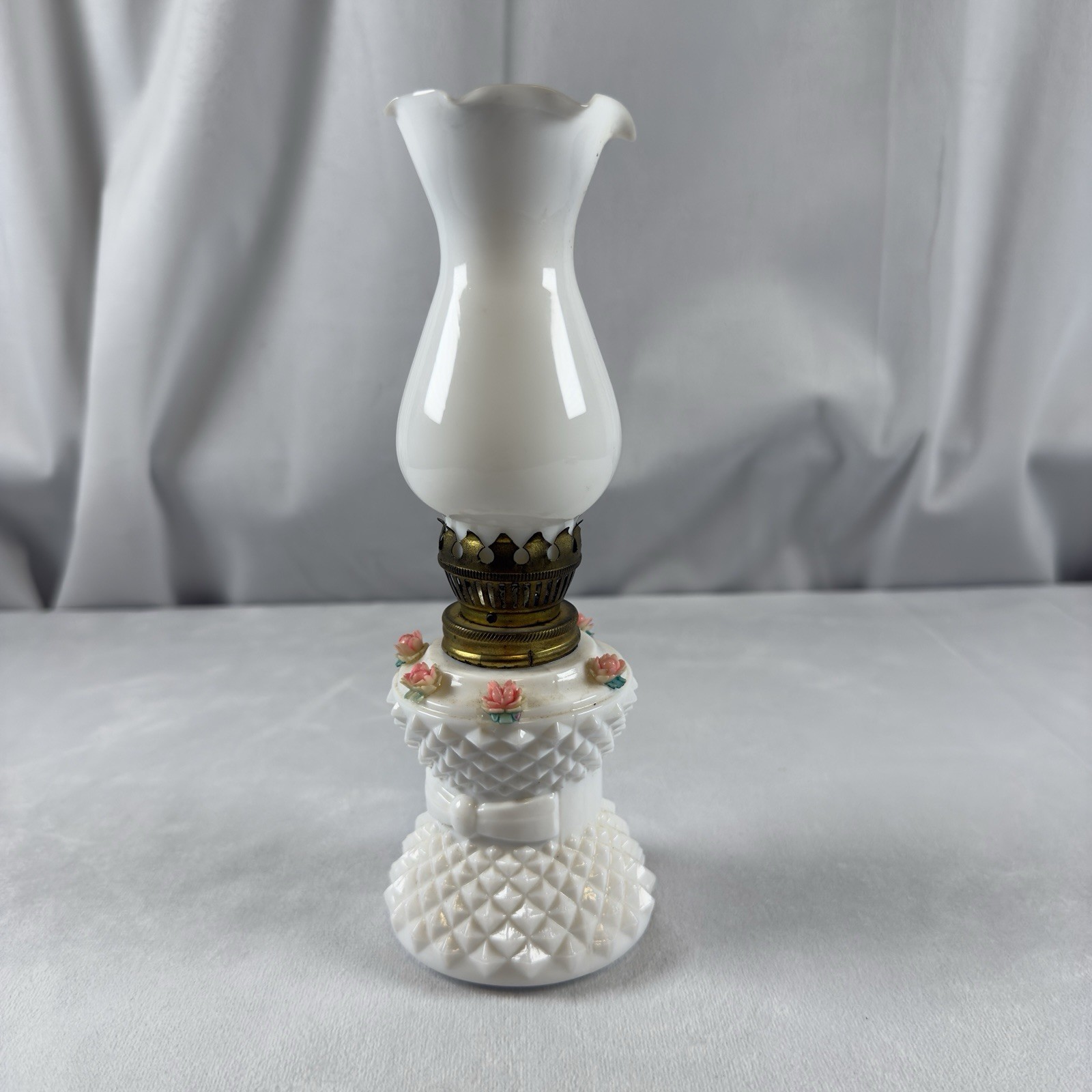 Oil Lamp- White with Pink Roses and Diamond Pattern 8.5 inches Tall
