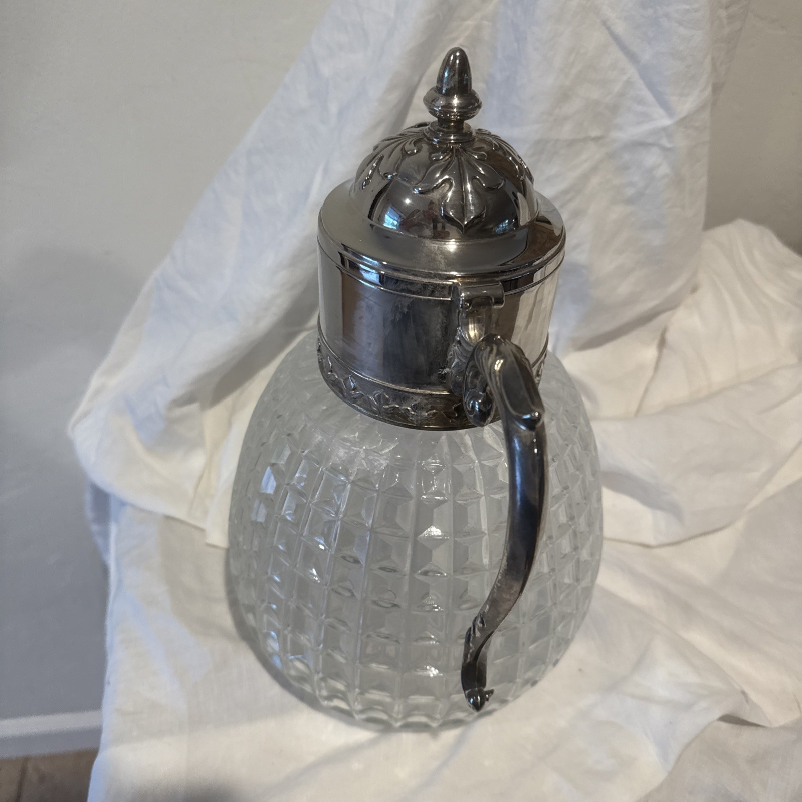 Vintage Beverage Pitcher Pressed Glass Embossed Silver Plate Ice Cube Tube Italy