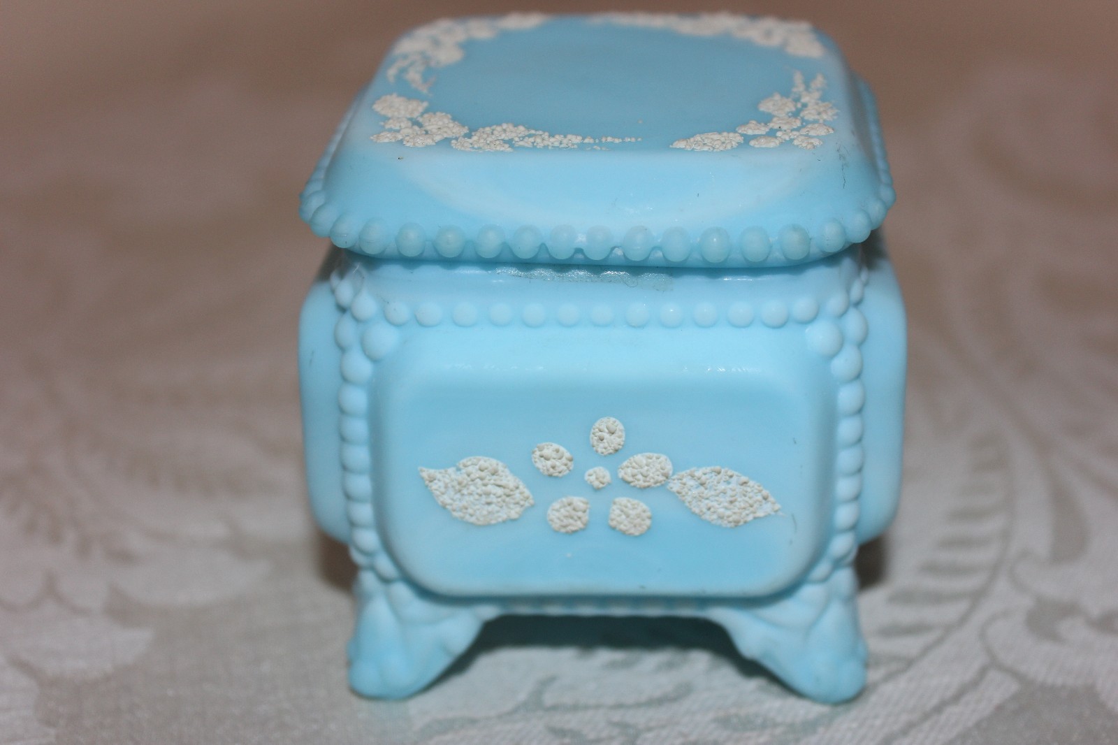 Westmoreland Jewelry Trinket Box, Sky Blue, Beaded Edges, Enamel Flowers, 2-3/4