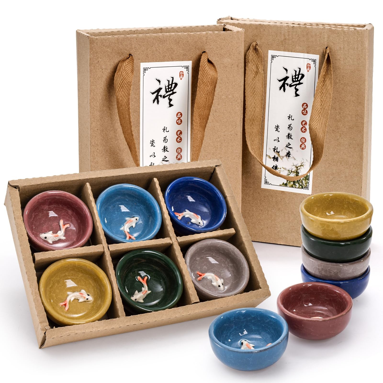 Foraineam 12 Pieces Ceramic Sake Tea Cups, 2.4 x 1.2 inch (6 x 3cm), 6 Color