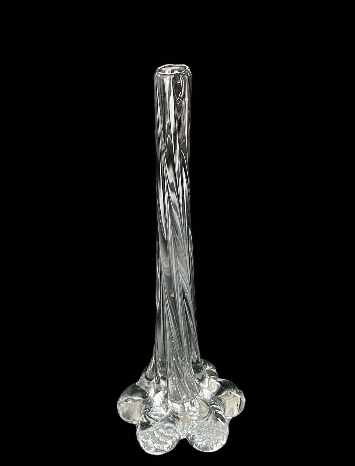 Vintage Twisted Elephant Foot Clear Glass 10.25″ Tall Stretch Bud Vase Excellent
