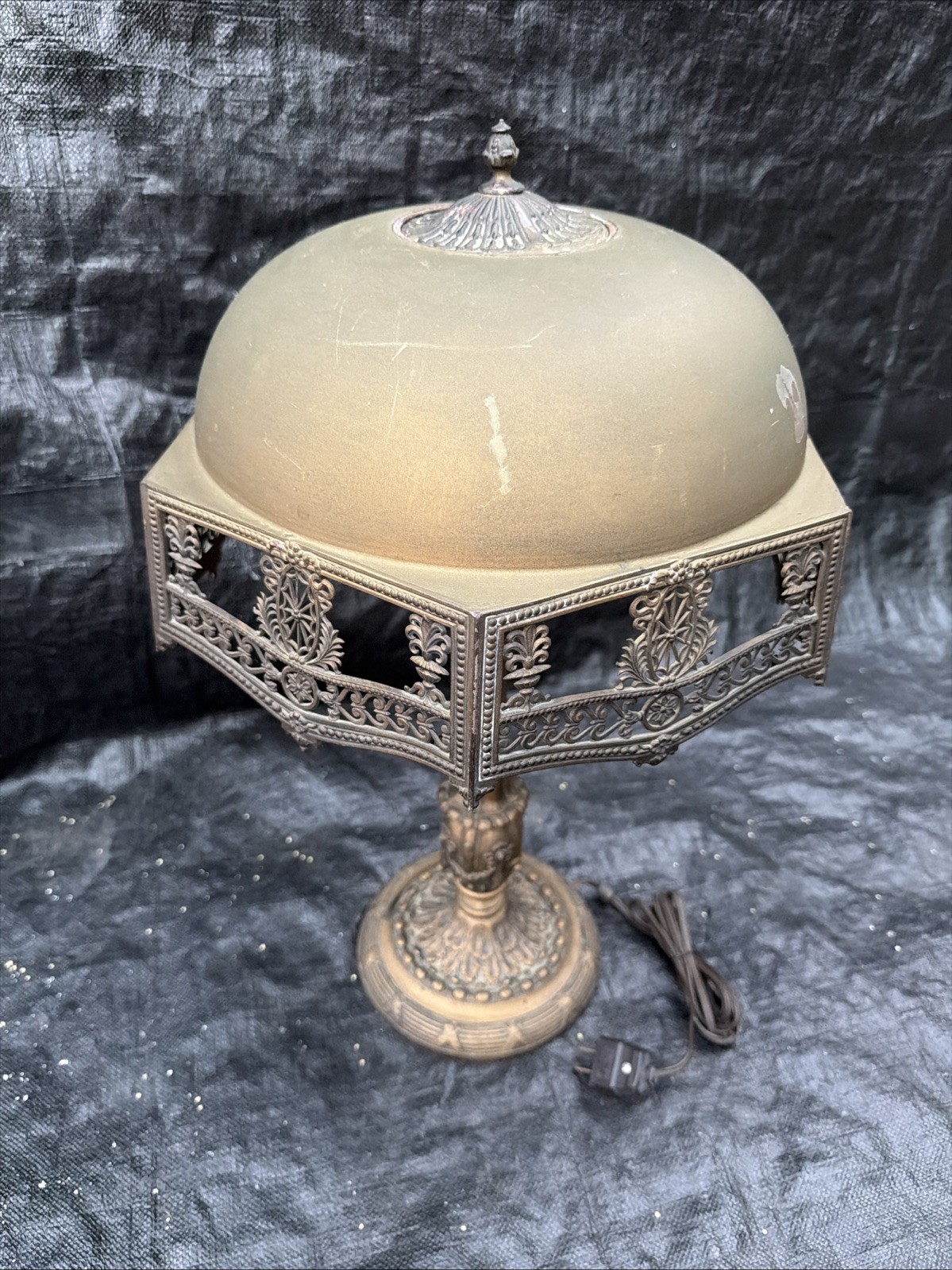 Antique Art Nouveau Style Brass Table Lamp Pierced Shade 22” SEE DETAILS