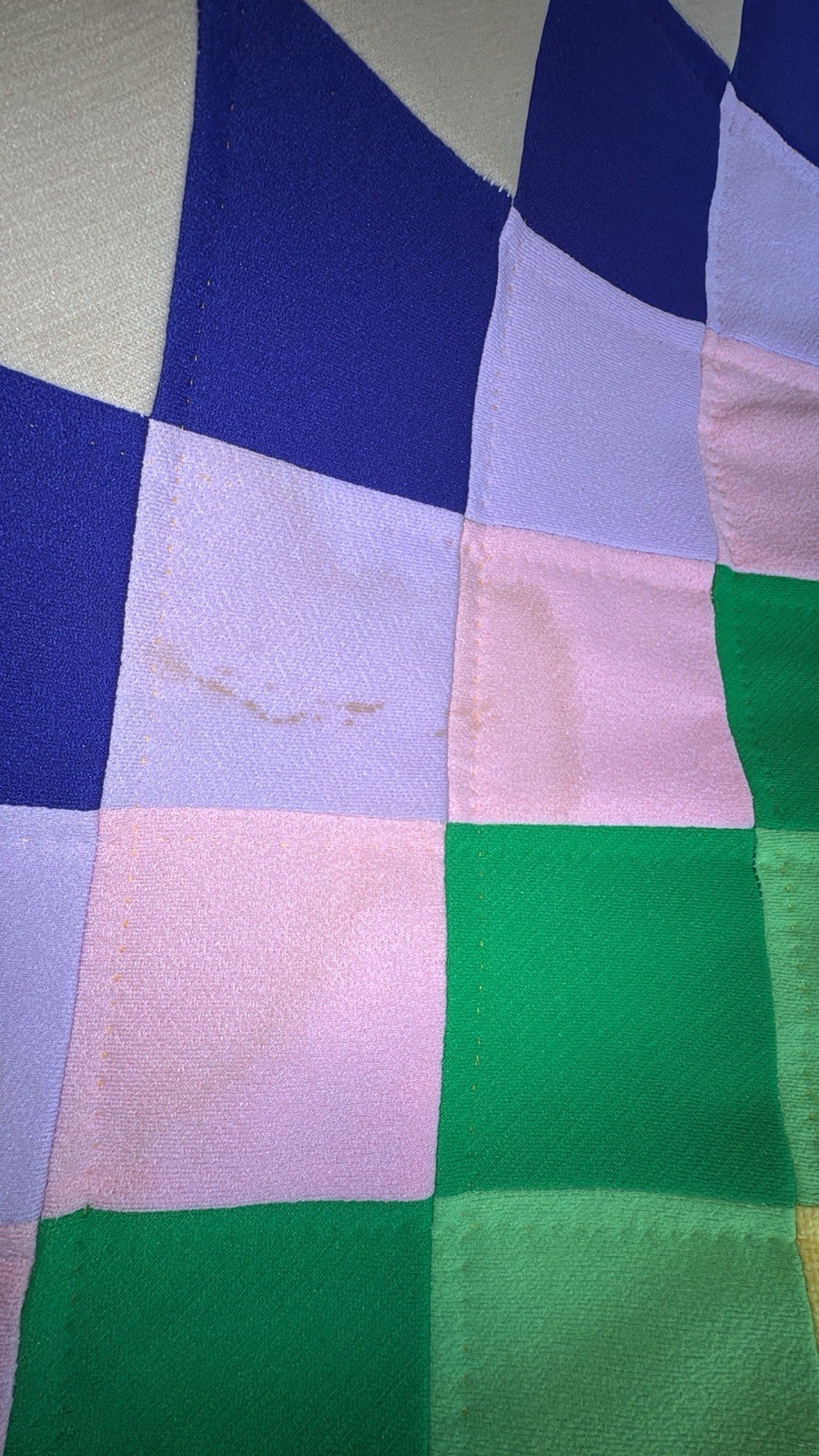 Vtg 70s Handmade Hand Stitched Funky Hippie Poly Patchwork Queen Quilt 99” x 81”