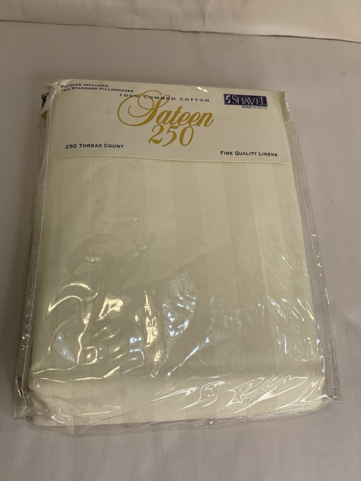 Vtg Sateen Standard Pillowcase Pair Cream Stripe Org Packaging