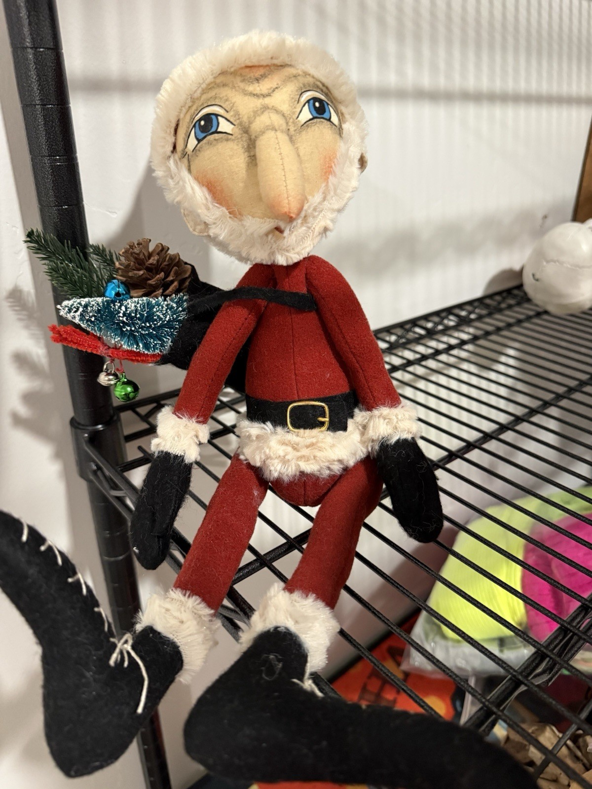 Plush Fabric Santa Christmas Figurine w/ Sack, Bells & Pine Cone Greenery