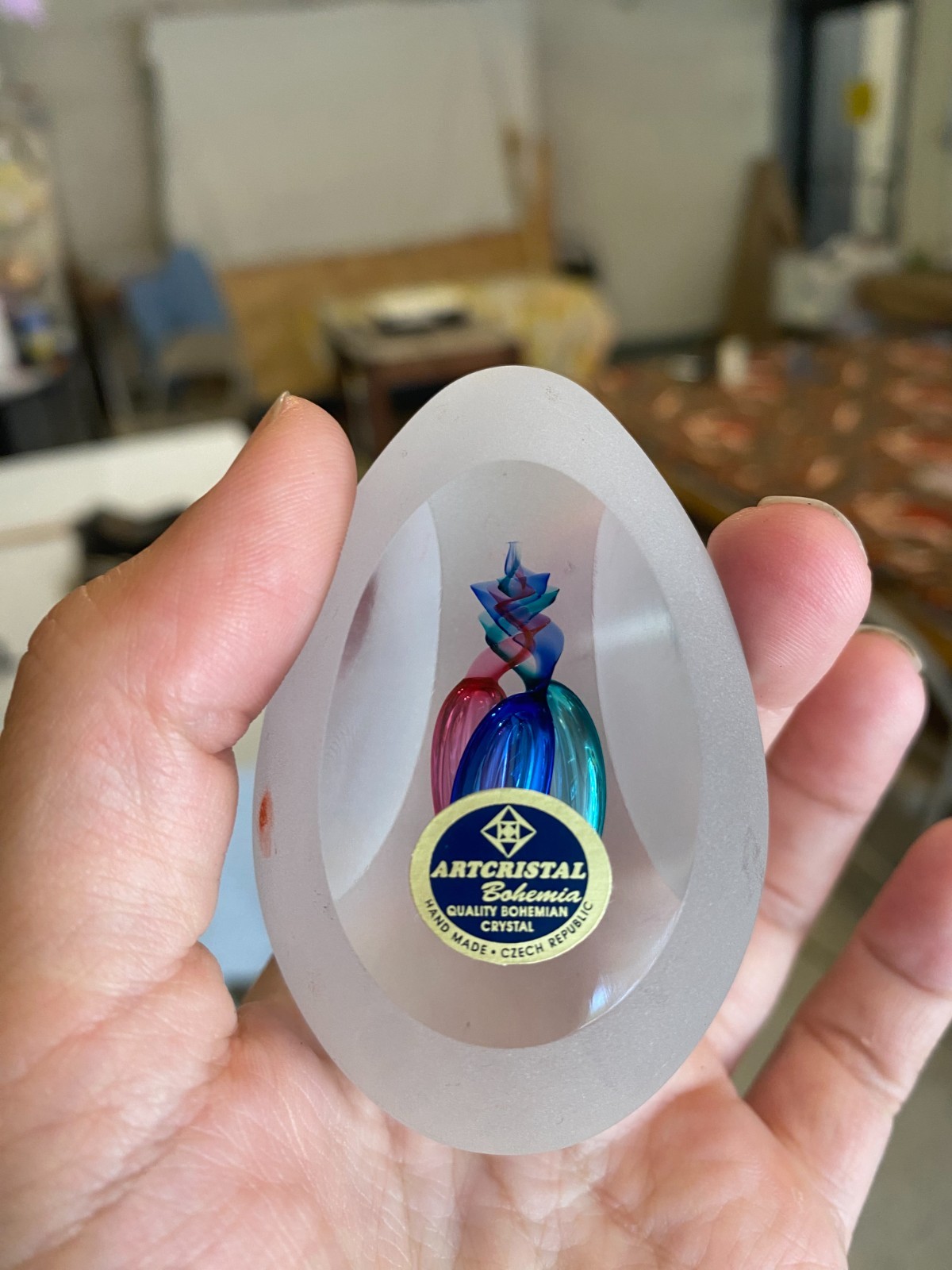 Vintage Artcristal Bohemia Crystal Art Glass Egg Paperweight Frosted Clear