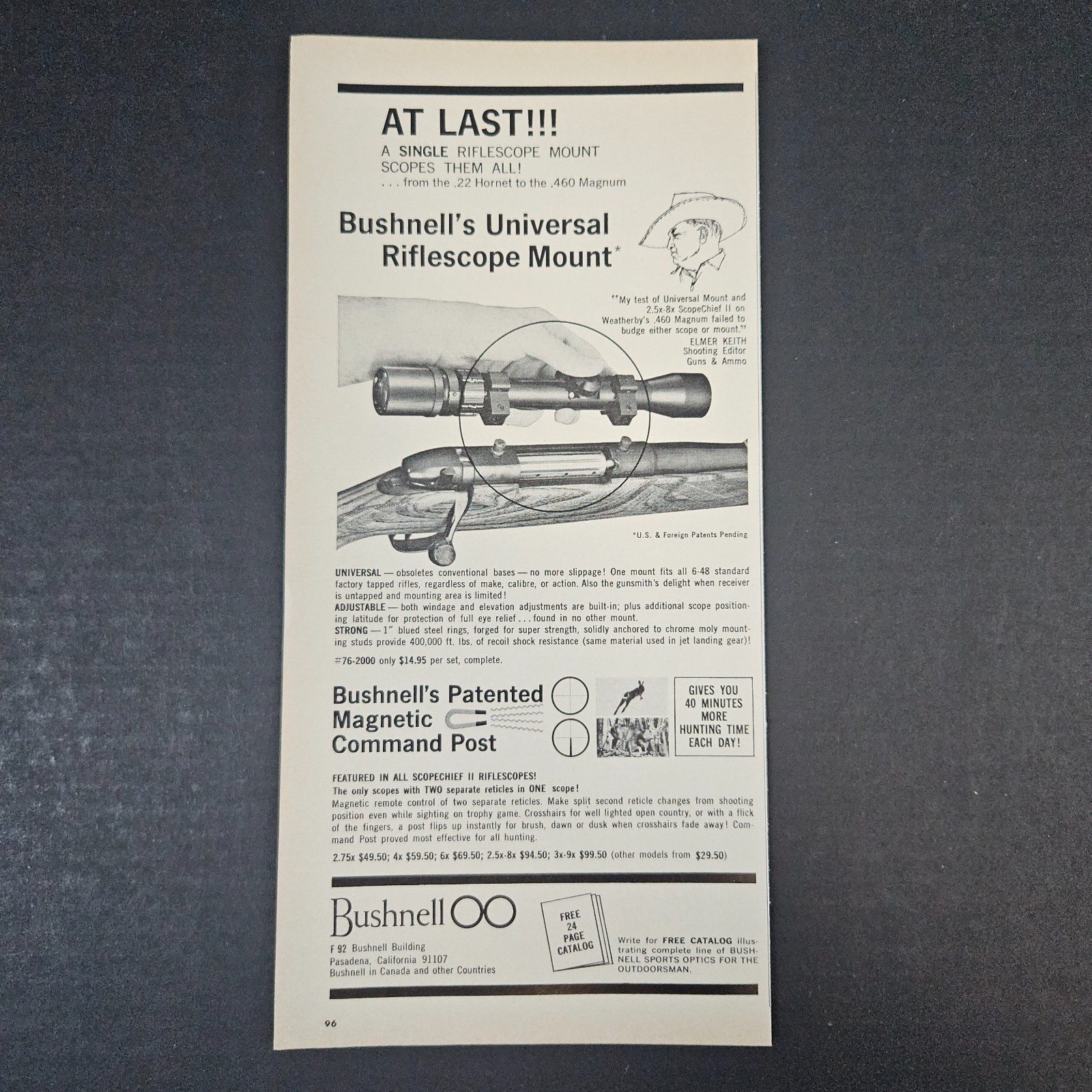 1966 Bushnell Magnetic Command Post Scope Mount Vintage Print Ad Pasadena CA