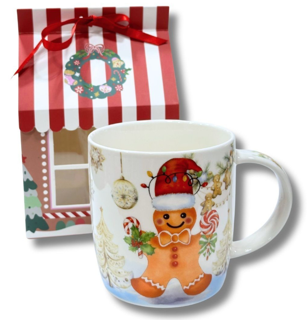 STPGOODS Gingerbread Man Bone China Mug in a Gift Box Christmas Coffee Mug 12 oz