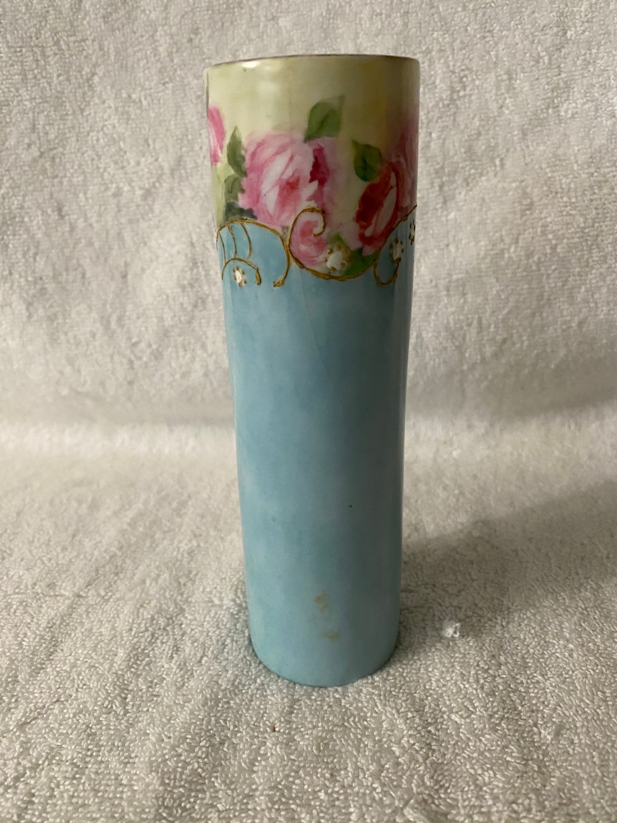 Hand painted vintage cylindrical bud vase 6 1/2 inch raised work