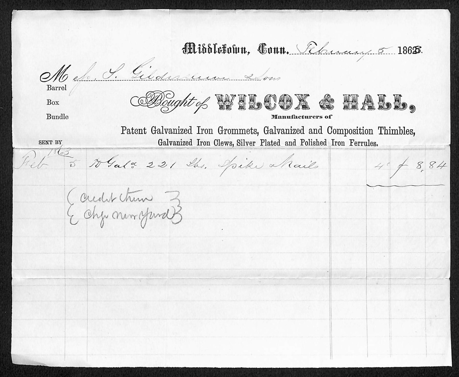 1863 Wilcox & Hall Galvanized Iron Middletown CT Ship Builders Gildersleeve* (#5