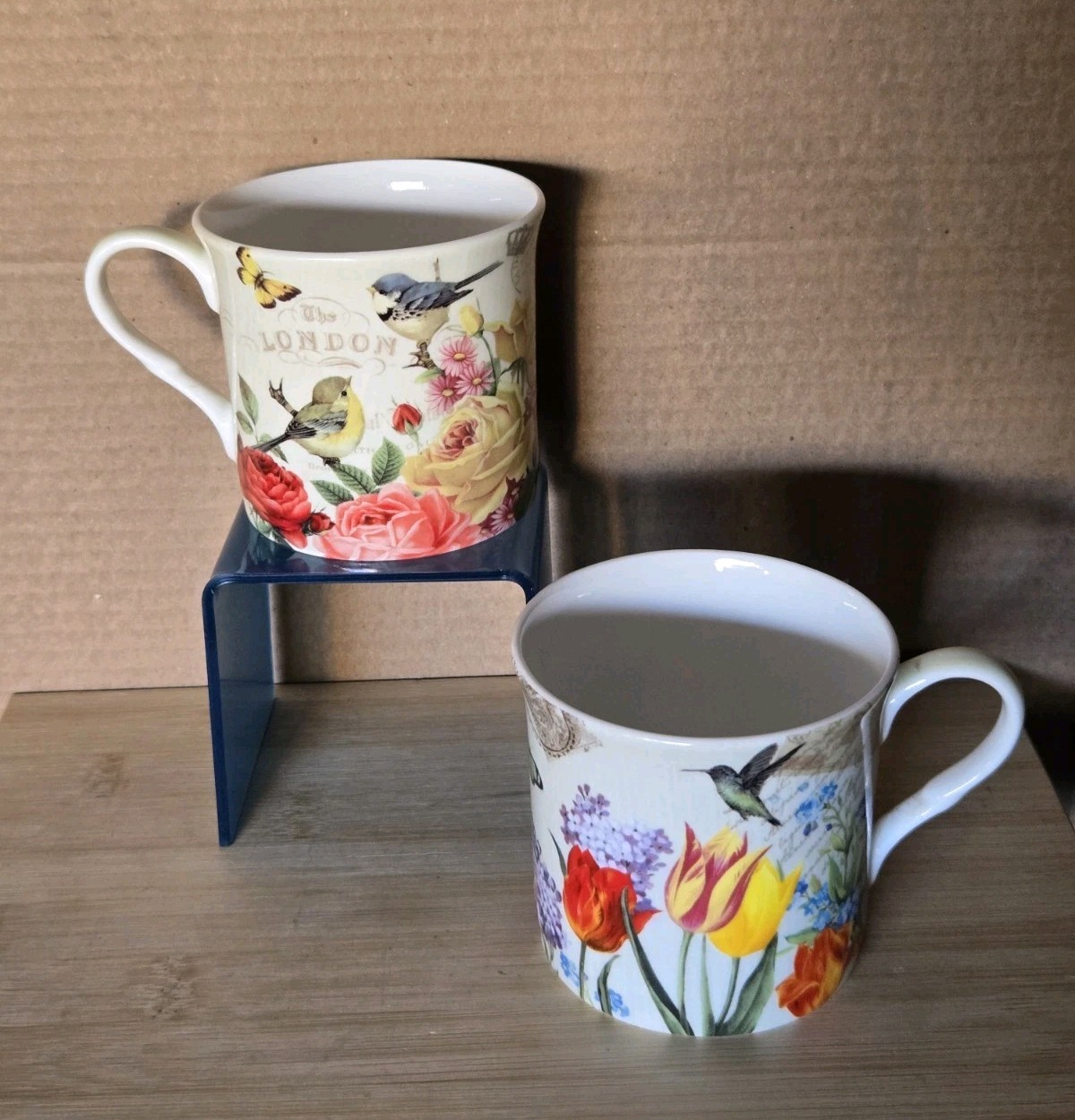 Stechcol Gracie Bone China Floral Bird Coffee Mugs Set of 2 Garden Cottage