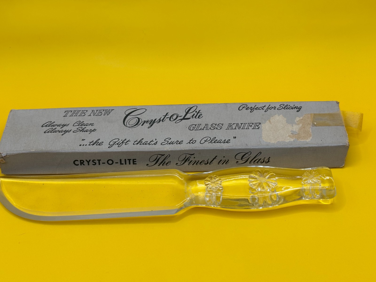 Vintage GLASS KNIFE CRYST-O-LITE 1920-1949 raised daisy flowers Original Box