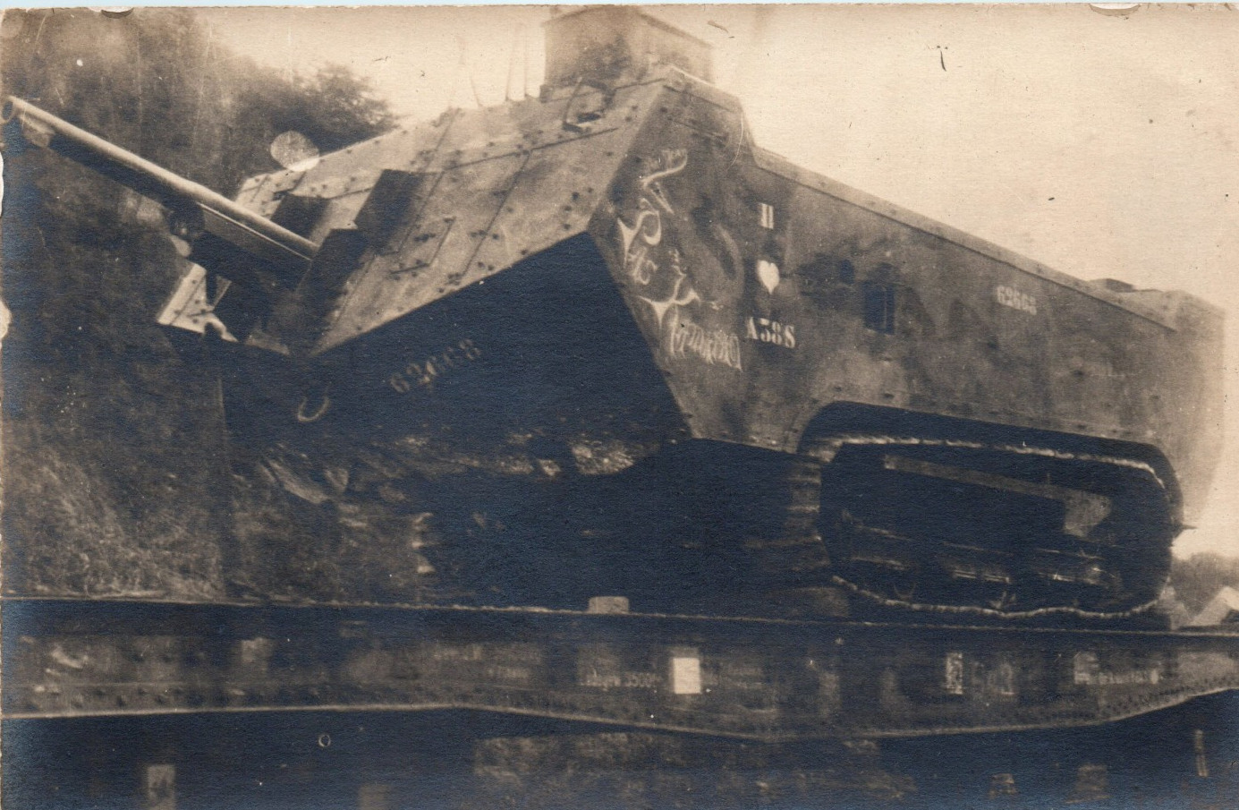 RPPC WWI French Schneider Tank On Railroad Car Real Photo Postcard