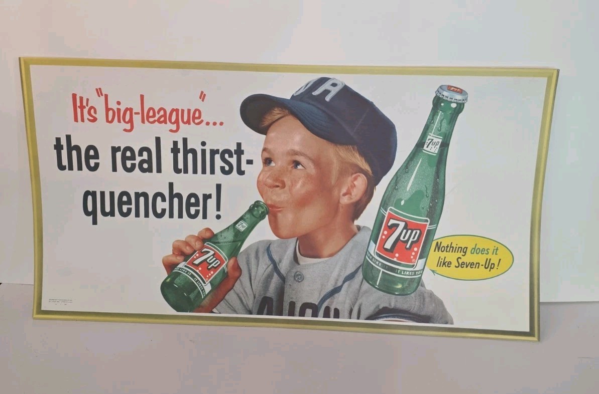 Vintage 1956 Original 7-Up Soda Cardboard Litho Sign w/ Baseball Boy 21″ X 11″