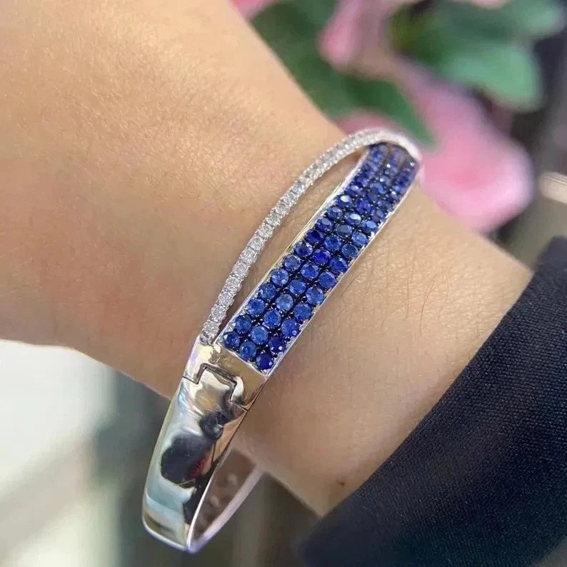 Sapphire & Diamond Crossover Bangle Bracelet 14K White Gold Over 7.75″ Women’s