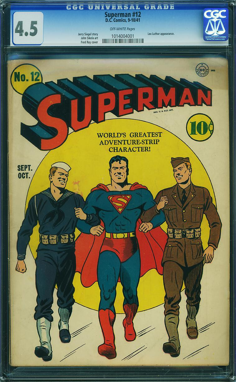 Superman #12 CGC 4.5 Lex Luthor 1941 WWII Army Navy Military RARE Classic P4 cm