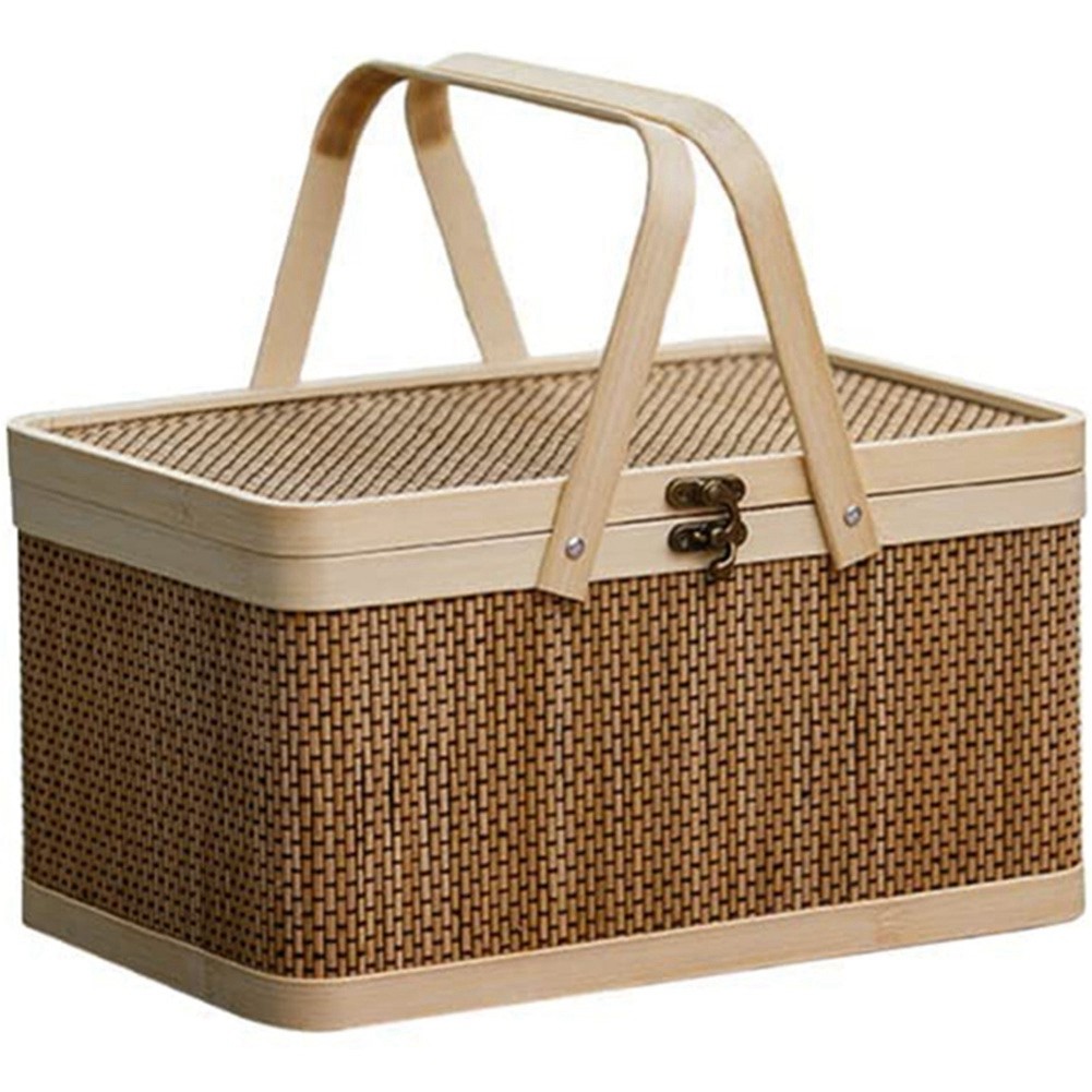 Bamboo Basket Bamboo Picnic Basket with Lid Handheld Snacks Bread Storage4580