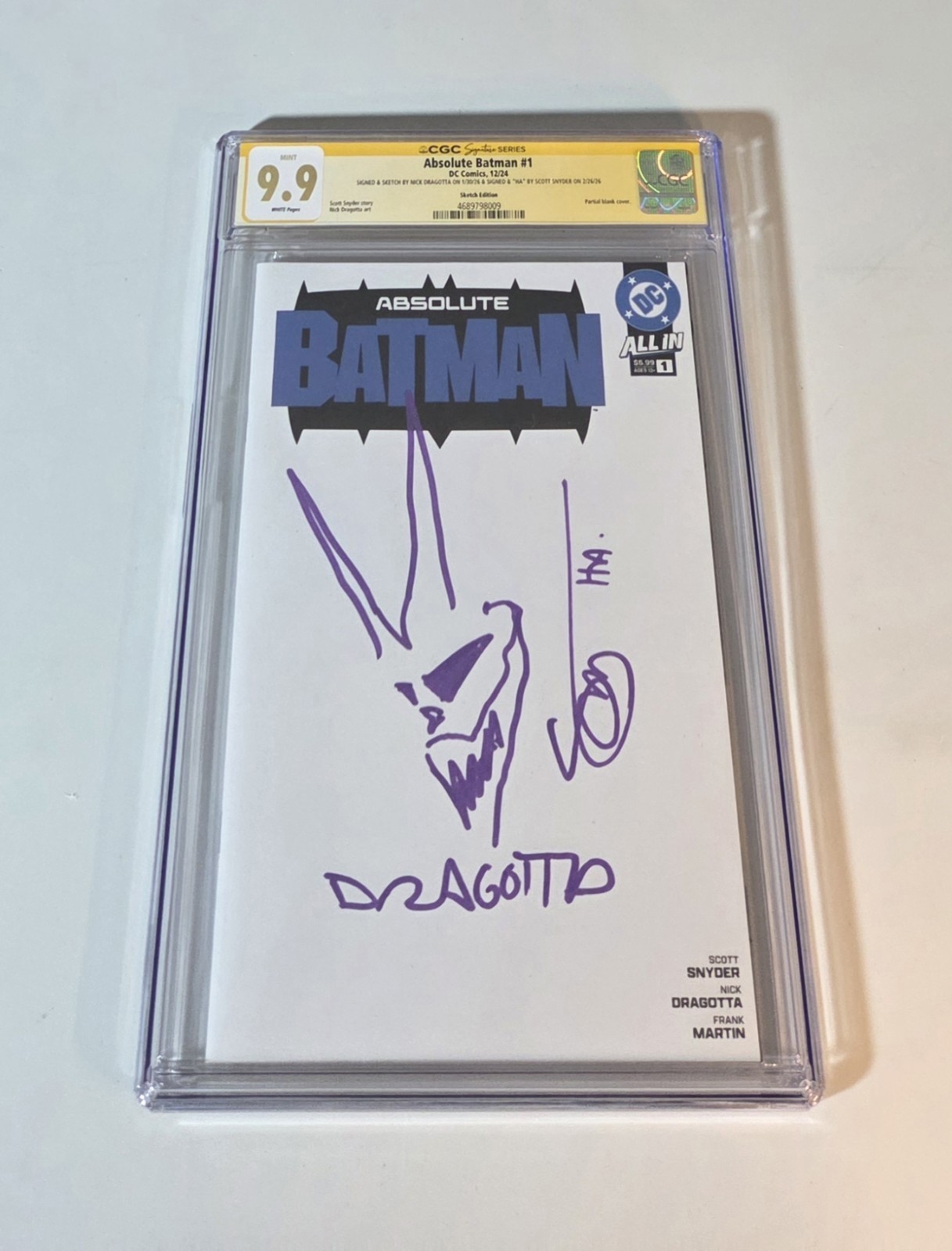Absolute Batman #1 CGC SS 9.9 Mint Blank SIGNED Snyder & Dragotta + Joker Sketch