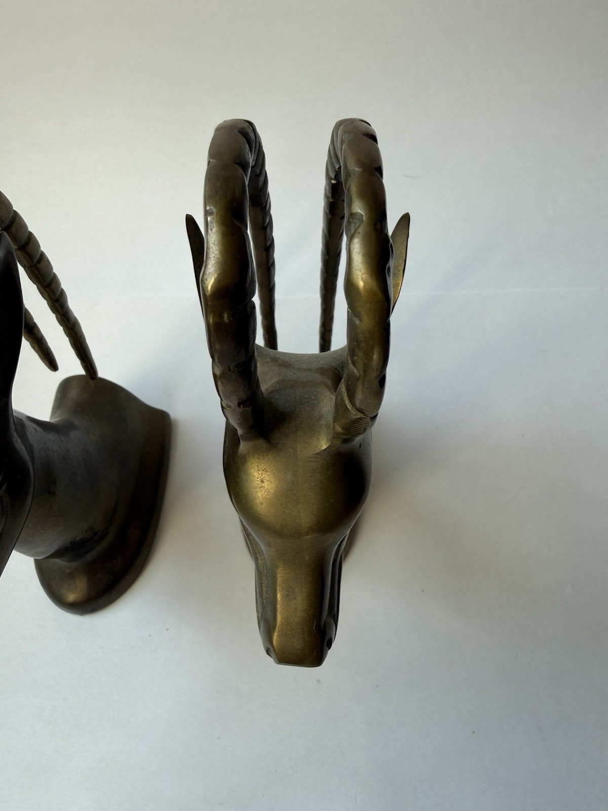 VTG • MCM Brass Gazelle Ibex Bookends Hollywood Regency Made in Korea 7” Patina