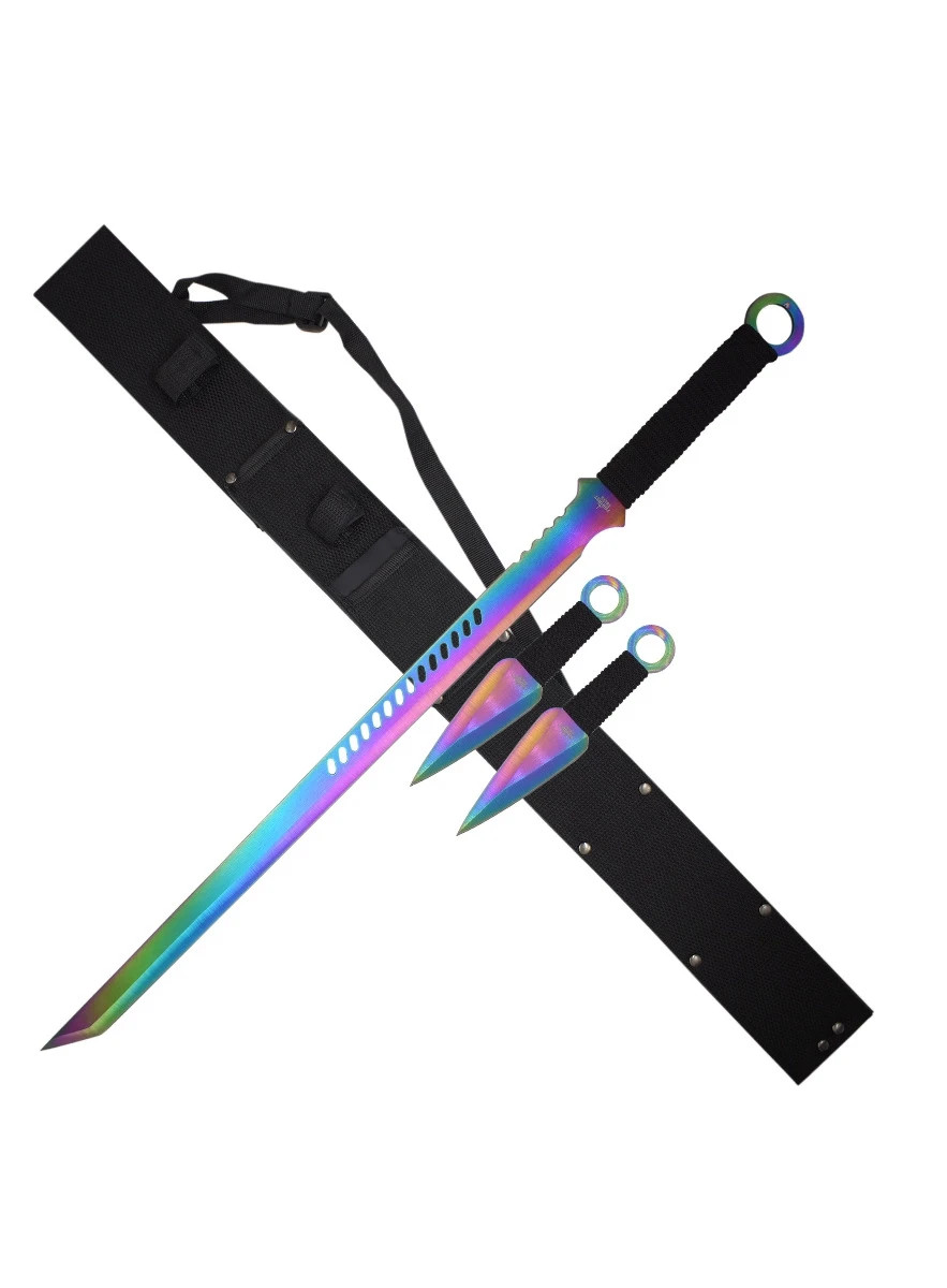 28″ Fantasy Master Short Sword-2 Kunai Knives w/Cord Wrapped Handle & Sheath