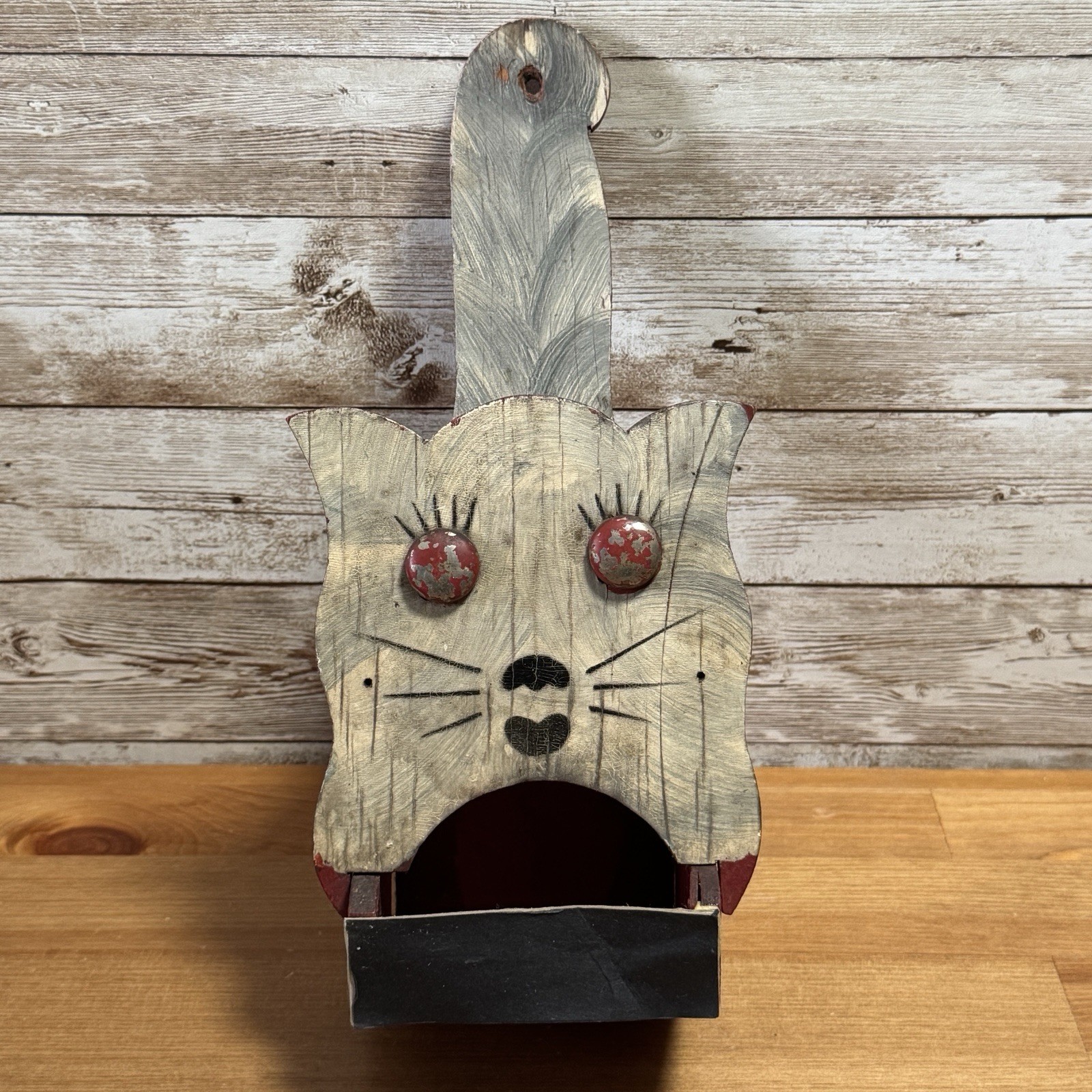 Primitive Folk Art Vintage Wooden Wall Hanging Cat Matchbox Holder- Circa 1930’s
