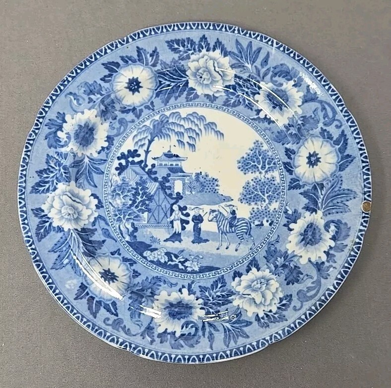 John Rogers & Son Zebra Pattern Blue Transferware Plate Early 1800s, 8 1/2″