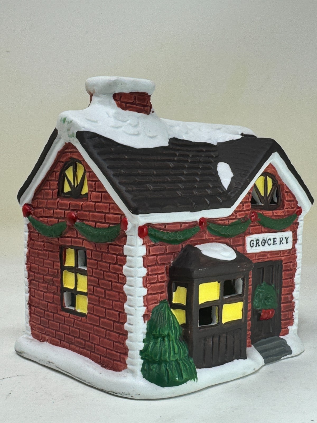 Christmas Village Grocery Store Ceramic House Red Brick Snow Holiday Decor