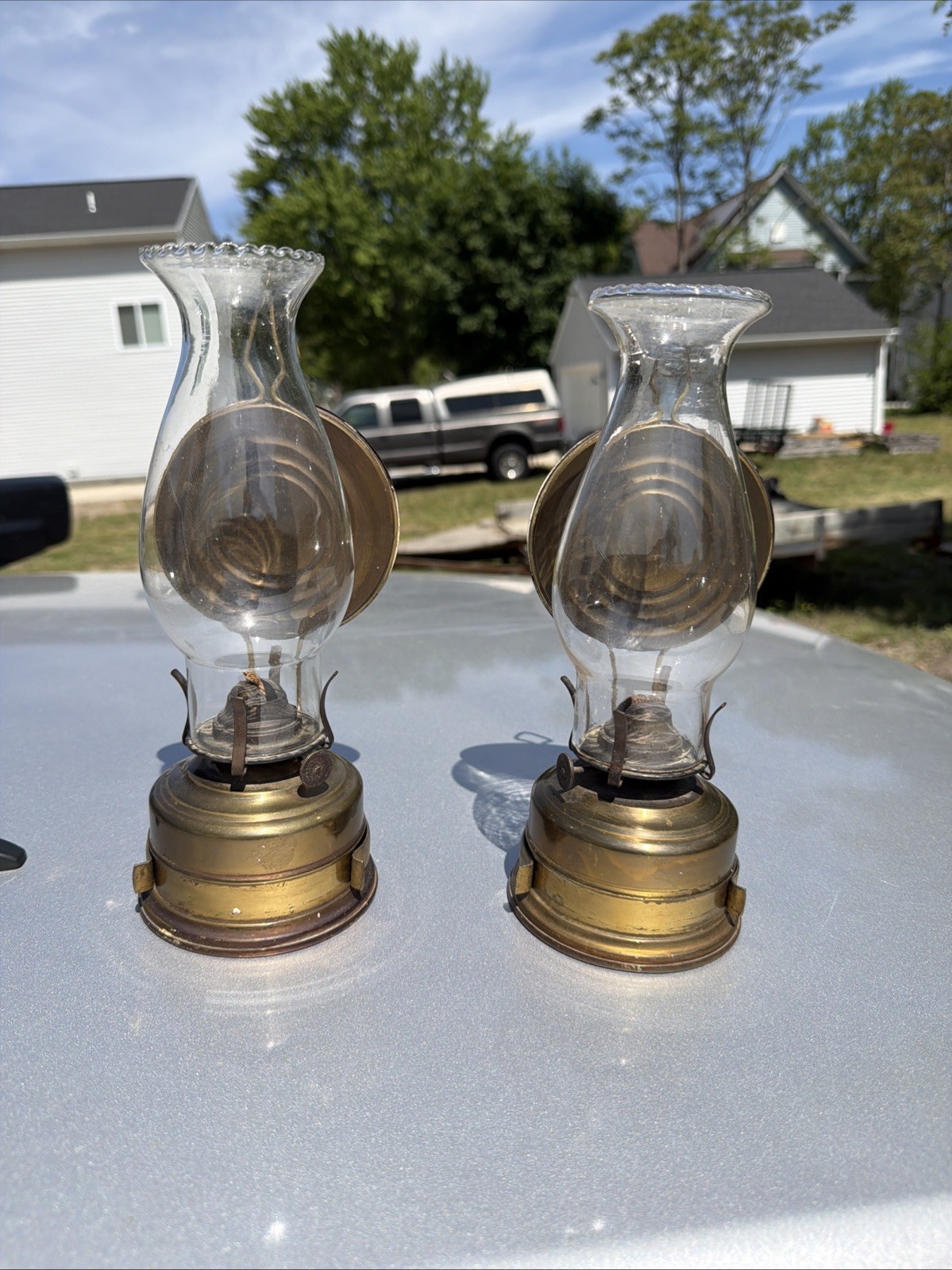 Pair Vintage Oil Lamp with Gold Reflector Plate Glass Kerosene Made In Germany