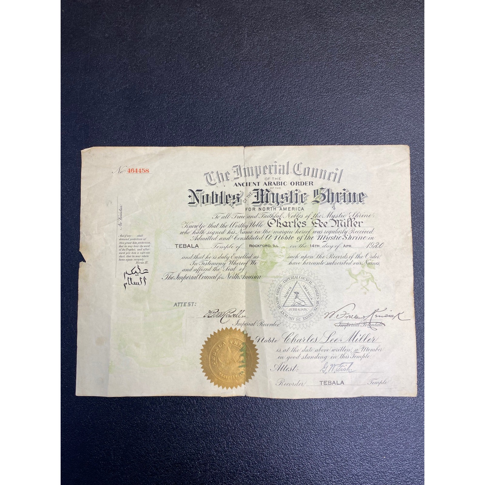 1920 Shriners Membership Certificate Tebala Temple Rockford Charles Lee Miller