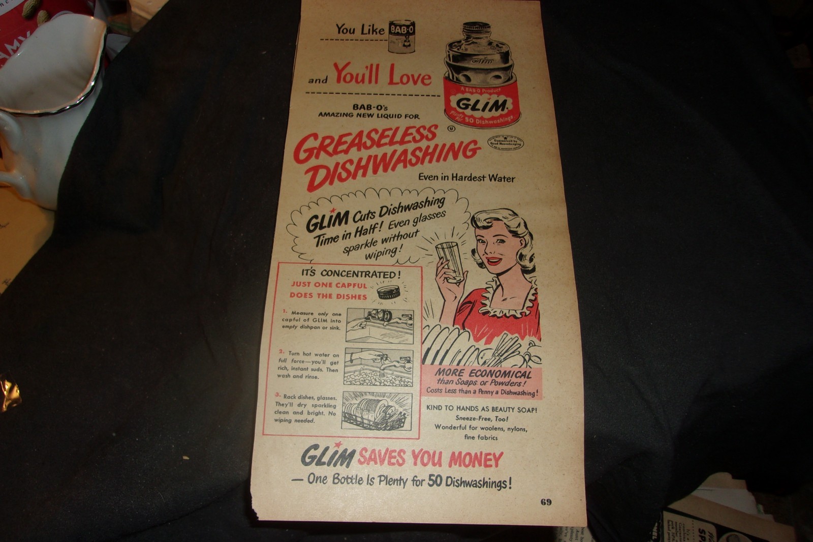 partial page color vintage advertisement Glim Dishwashing Liquid from 1949