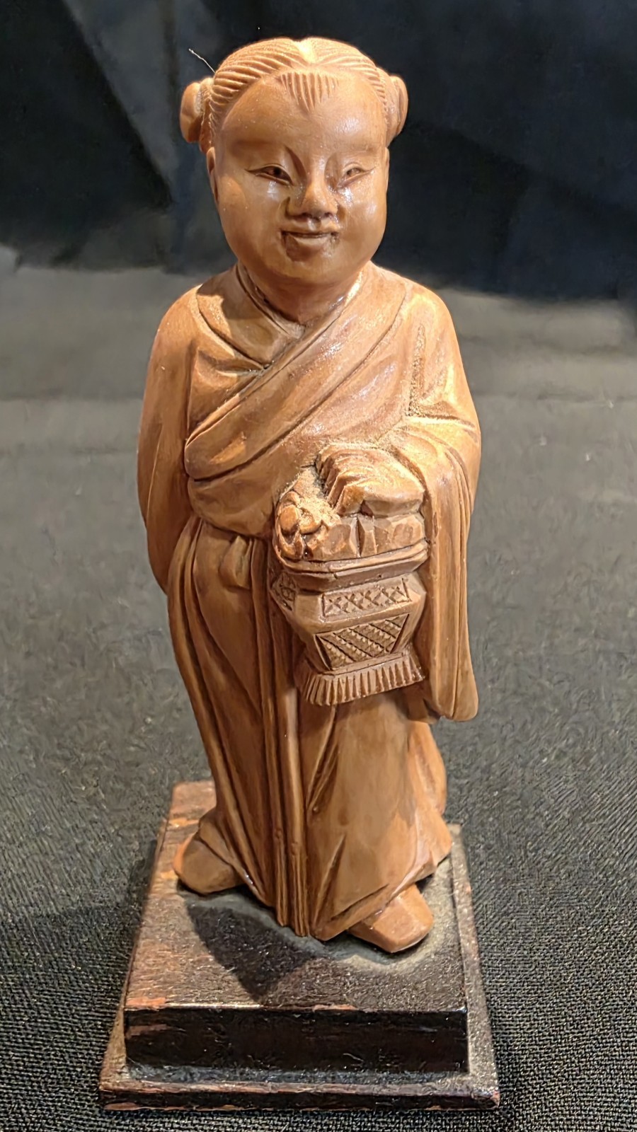Vintage Chinese Hand Carved Boxwood Sculpture Cultural Revolution Child Basket