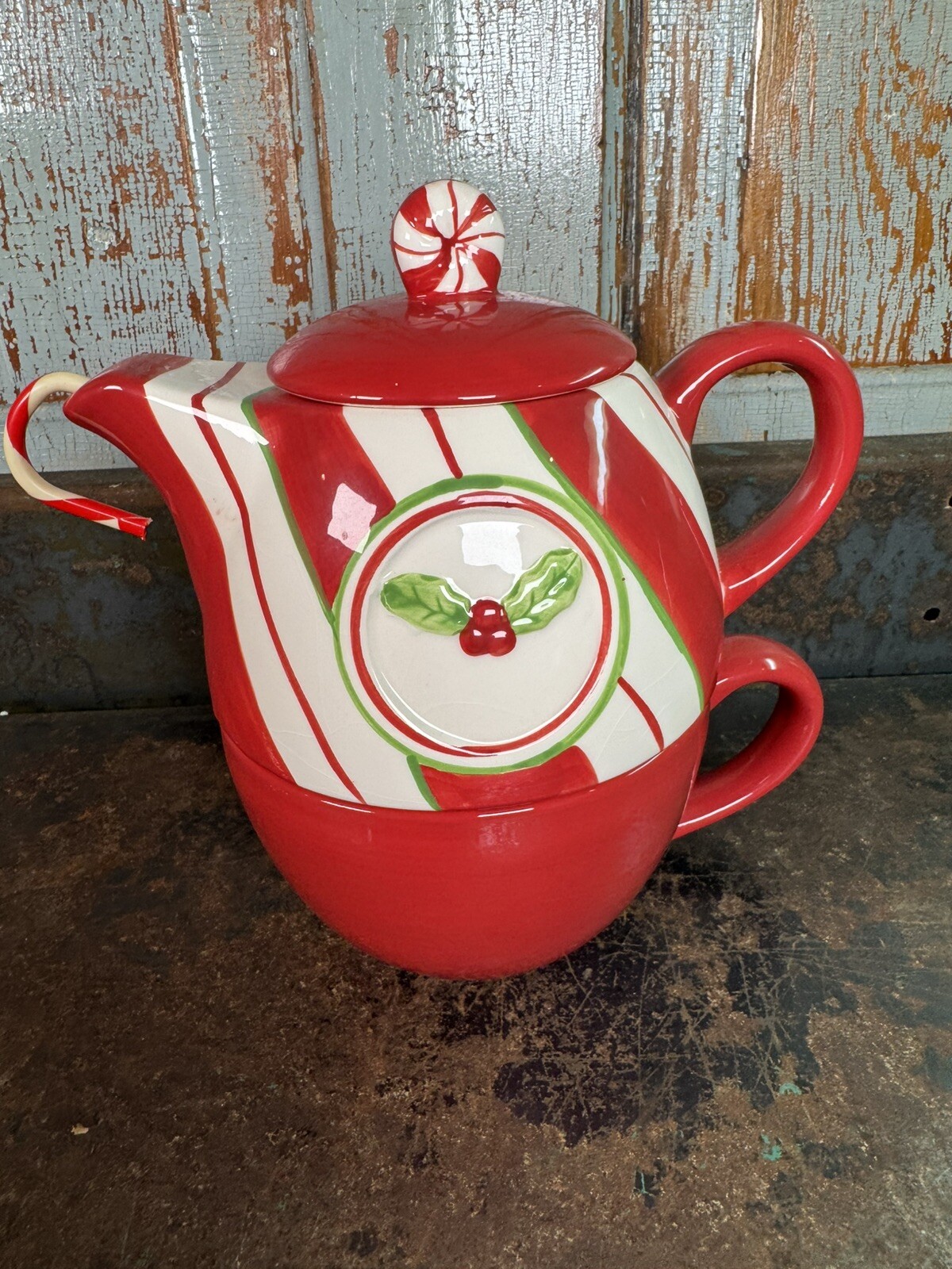 North Pole Trading Co. Holiday Peppermint Ceramic Tea Pot With Candy Cane